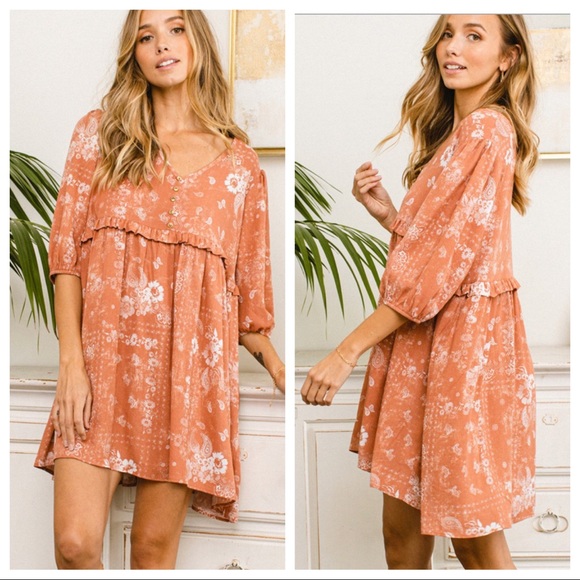 #21 Boho Chic 3/4 Sleeve Floral Swing Dress - Picture 3 of 4